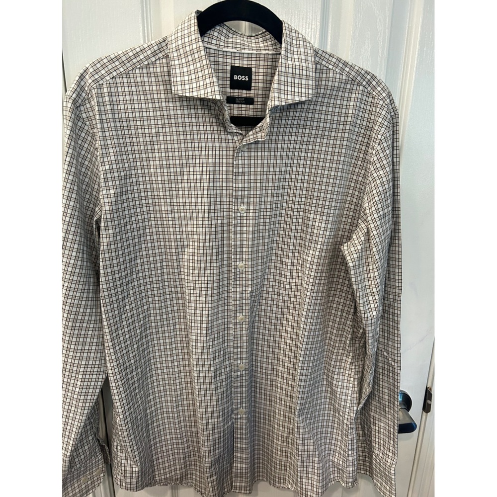BOSS Dress Shirt White Brown Check Slim Fit Stretch Long Sleeve Business Casual